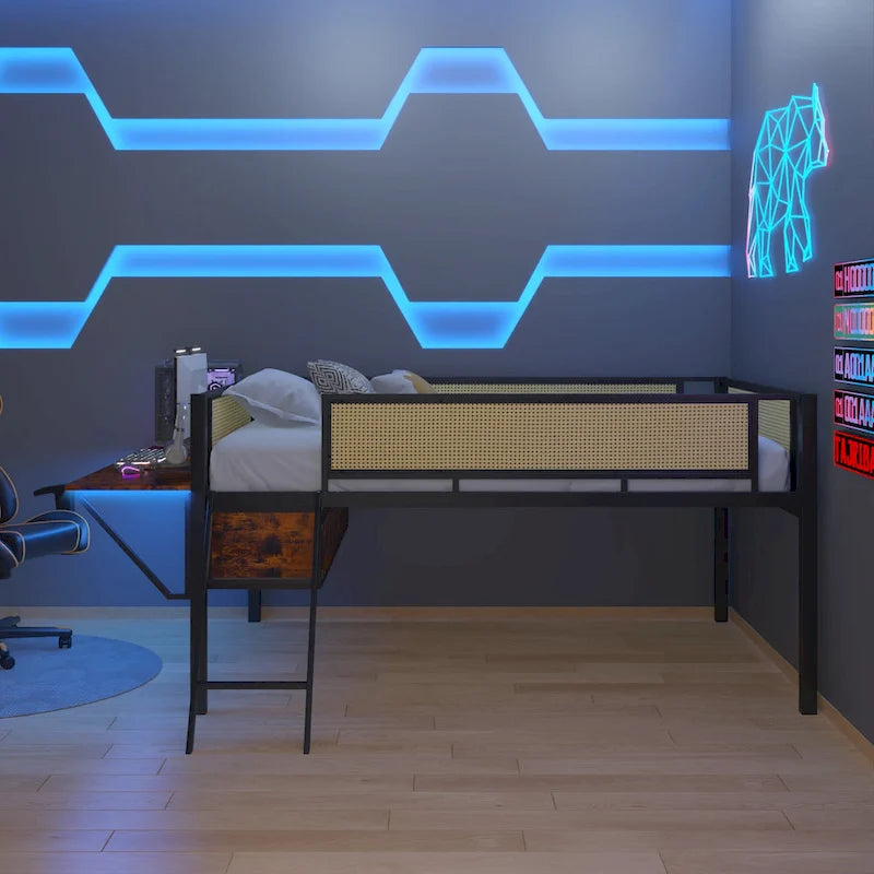 Full Size Metal Loft Bed with Rectangular Desk, LED lights, Storage Shelves and Hanging Storage Compartments