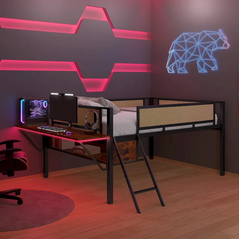 Full Size Metal Loft Bed with Rectangular Desk, LED lights, Storage Shelves and Hanging Storage Compartments