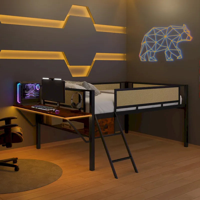 Full Size Metal Loft Bed with Rectangular Desk, LED lights, Storage Shelves and Hanging Storage Compartments