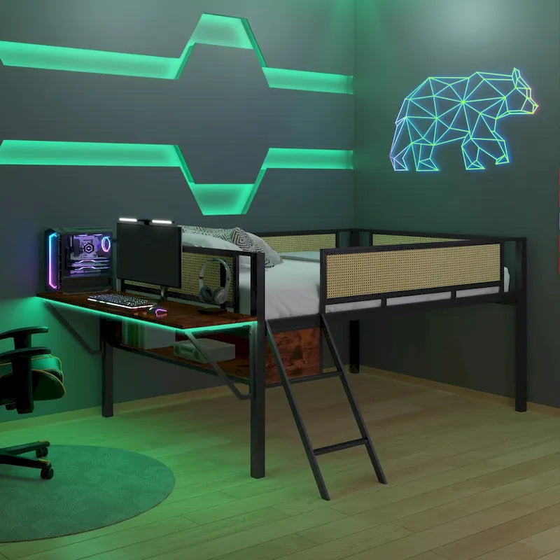 Full Size Metal Loft Bed with Rectangular Desk, LED lights, Storage Shelves and Hanging Storage Compartments