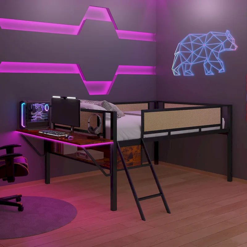 Full Size Metal Loft Bed with Rectangular Desk, LED lights, Storage Shelves and Hanging Storage Compartments