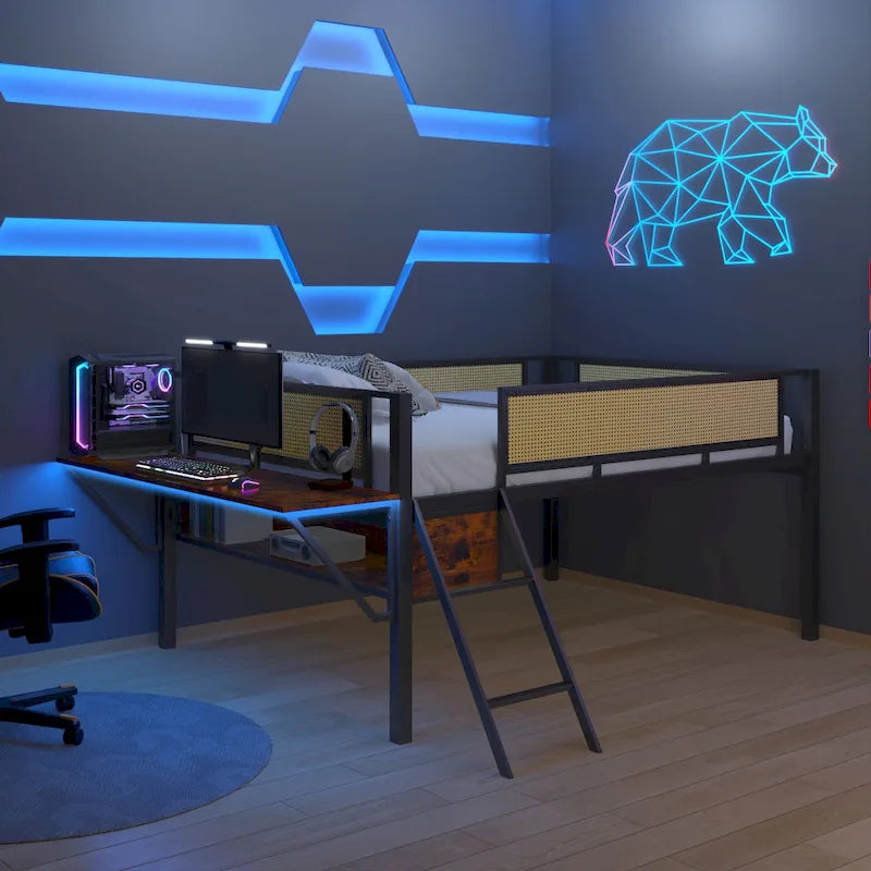 Full Size Metal Loft Bed with Rectangular Desk, LED lights, Storage Shelves and Hanging Storage Compartments