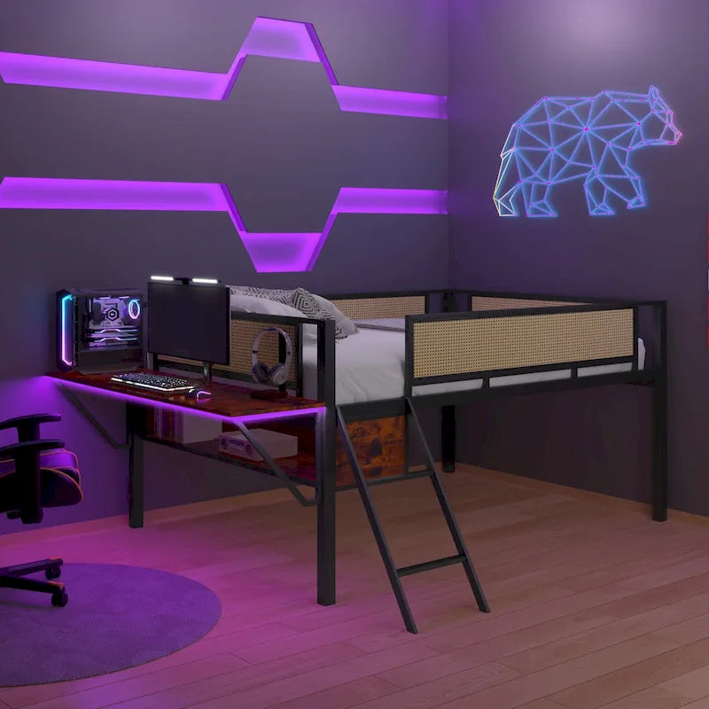 Full Size Metal Loft Bed with Rectangular Desk, LED lights, Storage Shelves and Hanging Storage Compartments