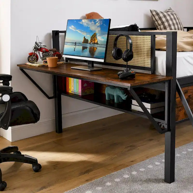 Full Size Metal Loft Bed with Rectangular Desk, LED lights, Storage Shelves and Hanging Storage Compartments