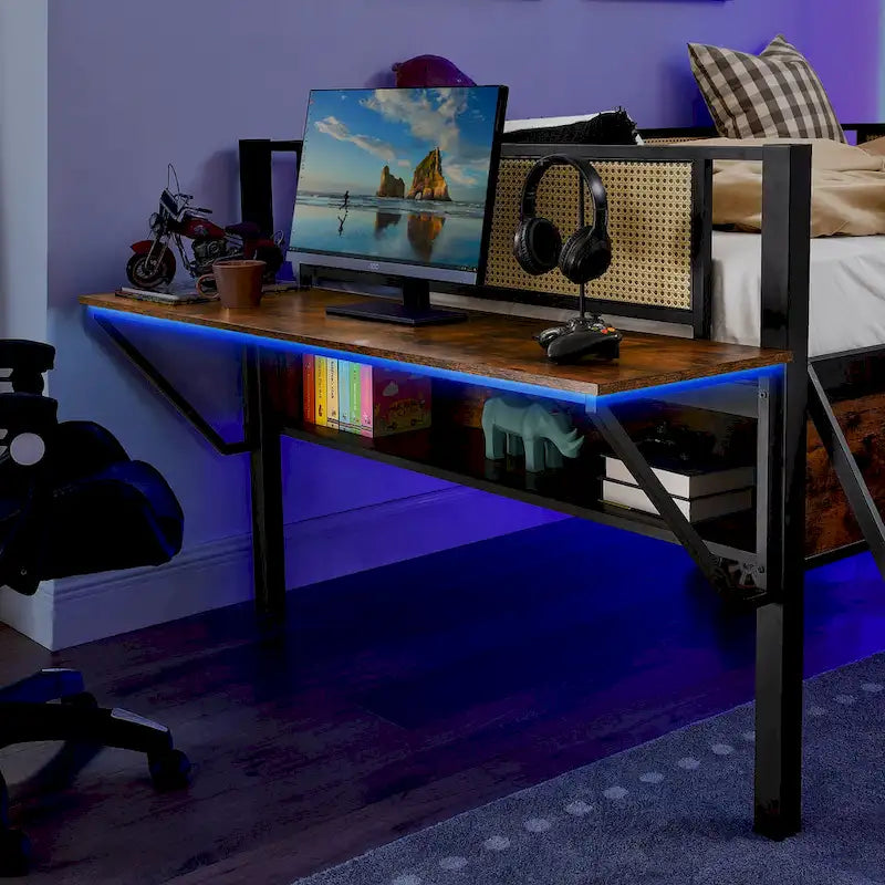 Full Size Metal Loft Bed with Rectangular Desk, LED lights, Storage Shelves and Hanging Storage Compartments