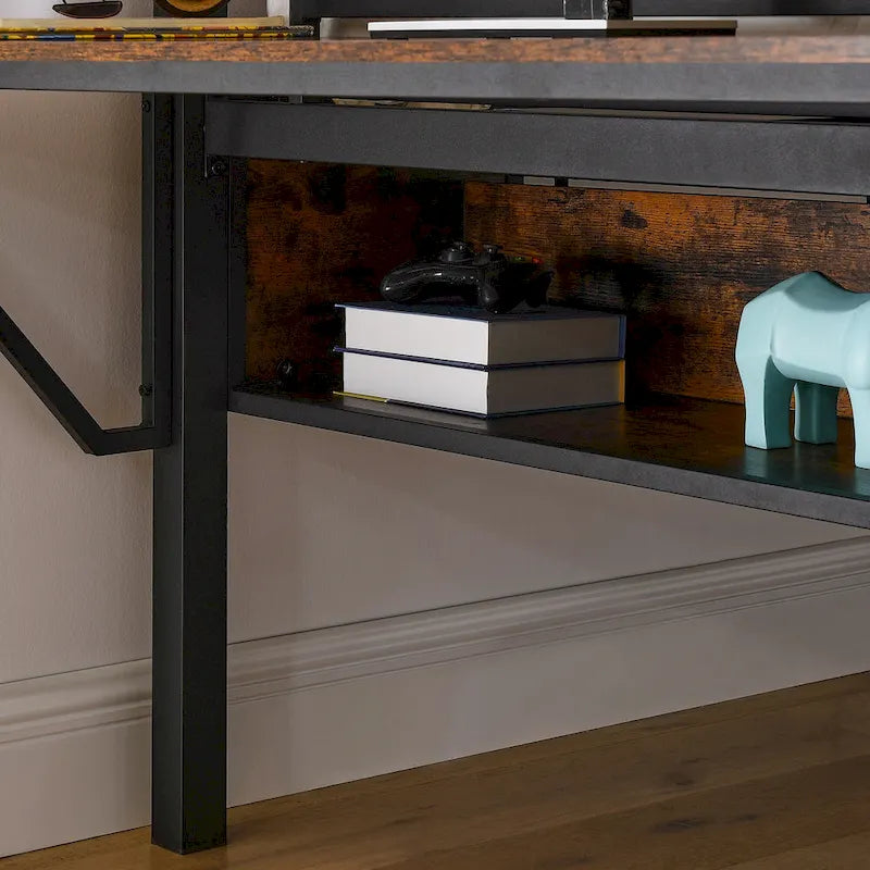 Full Size Metal Loft Bed with Rectangular Desk, LED lights, Storage Shelves and Hanging Storage Compartments