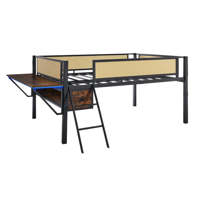 Full Size Metal Loft Bed with Rectangular Desk, LED lights, Storage Shelves and Hanging Storage Compartments