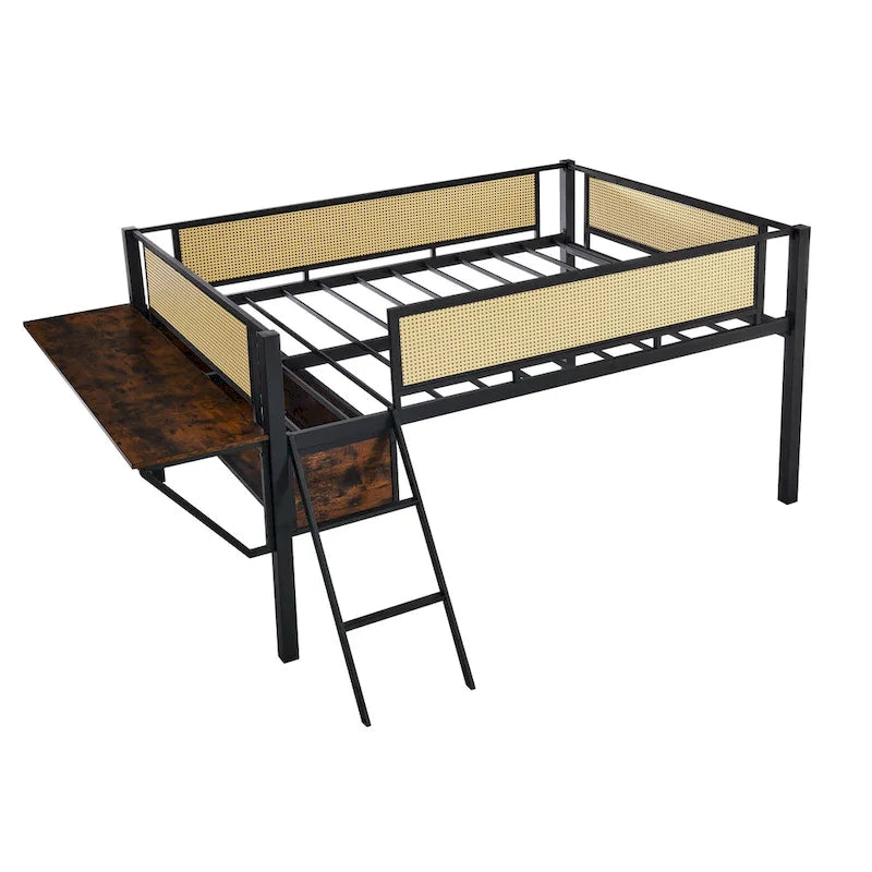 Full Size Metal Loft Bed with Rectangular Desk, LED lights, Storage Shelves and Hanging Storage Compartments