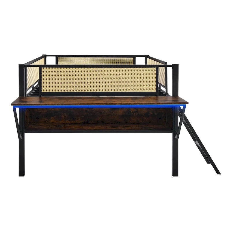Full Size Metal Loft Bed with Rectangular Desk, LED lights, Storage Shelves and Hanging Storage Compartments
