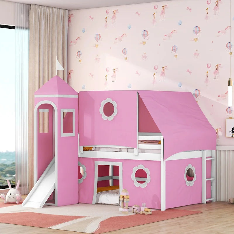 Full Size Cute Solid Wood House Loft Bed with Slide