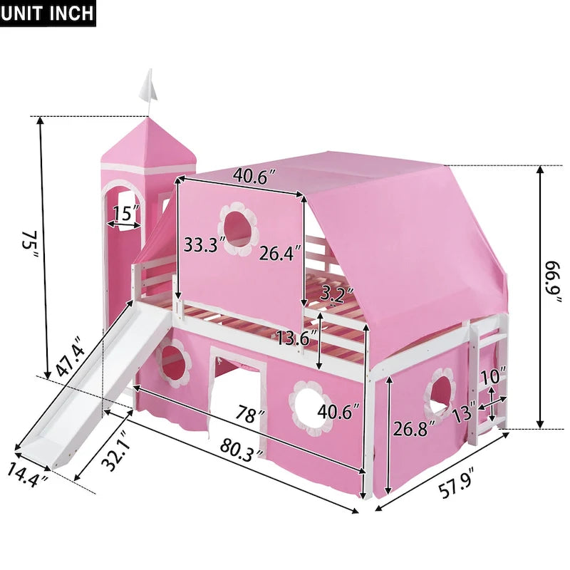 Full Size Cute Solid Wood House Loft Bed with Slide