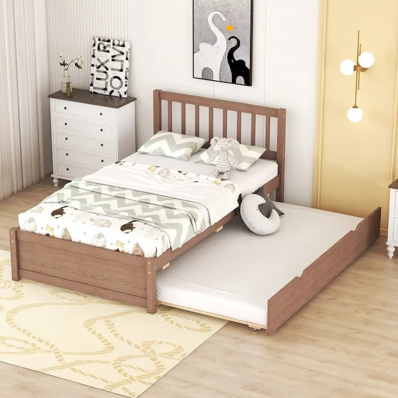 Brown Walnut Twin Bed with Trundle and Fence Headboard