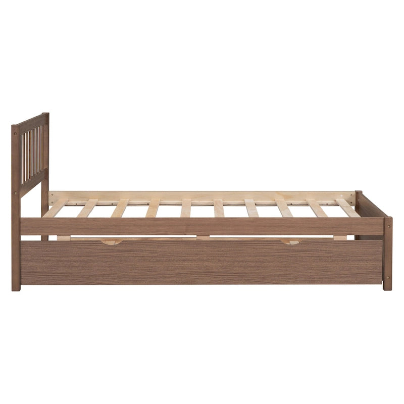 Brown Walnut Twin Bed with Trundle and Fence Headboard