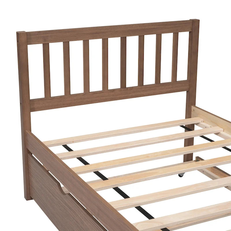 Brown Walnut Twin Bed with Trundle and Fence Headboard