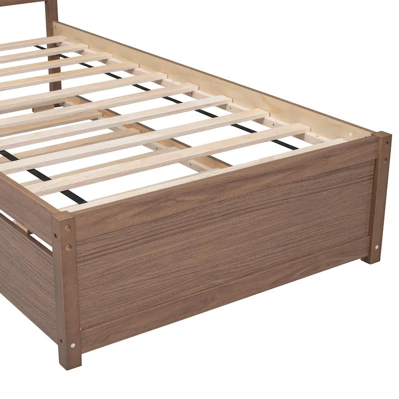 Brown Walnut Twin Bed with Trundle and Fence Headboard