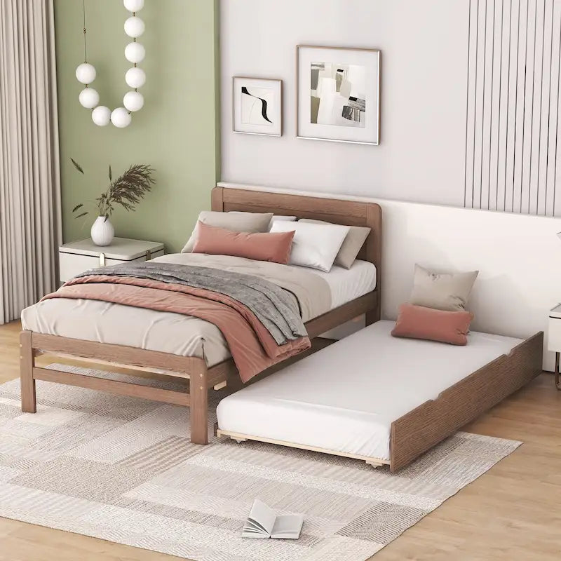 Brown Solid Wood Twin Bed with Trundle