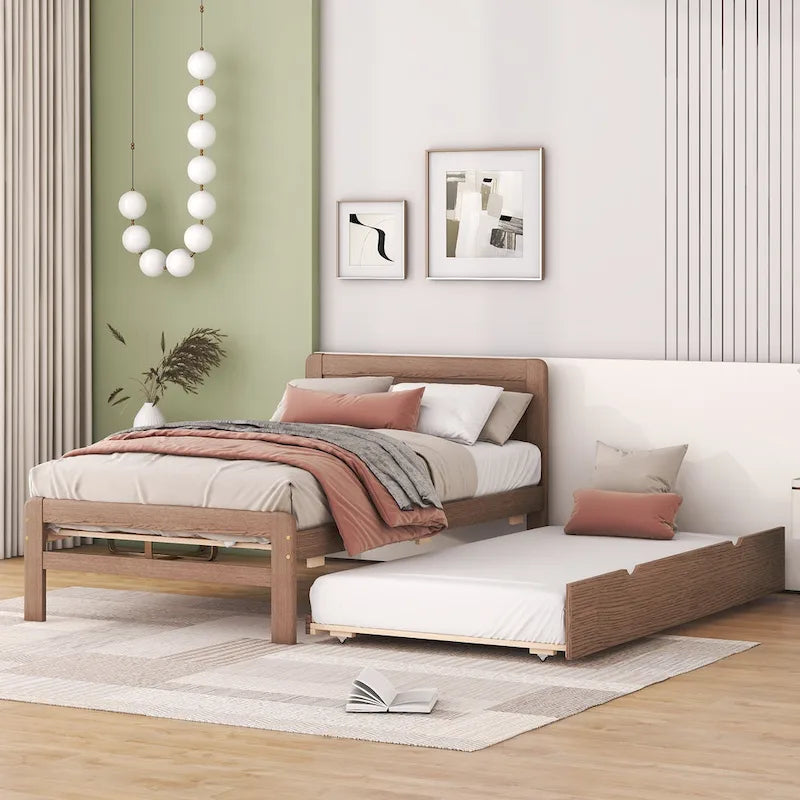 Brown Solid Wood Twin Bed with Trundle