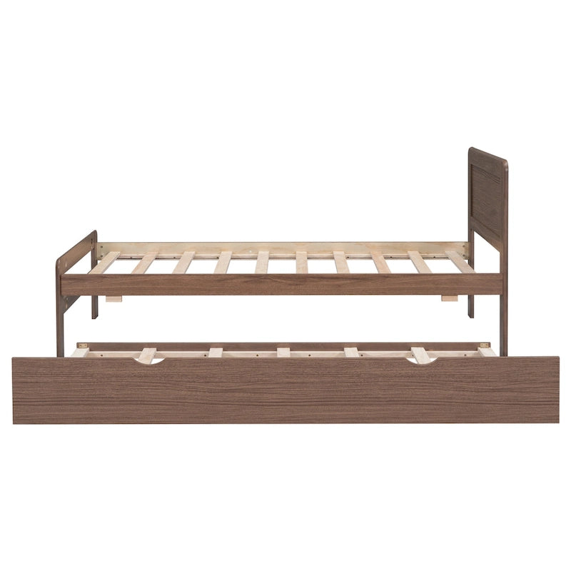 Brown Solid Wood Twin Bed with Trundle