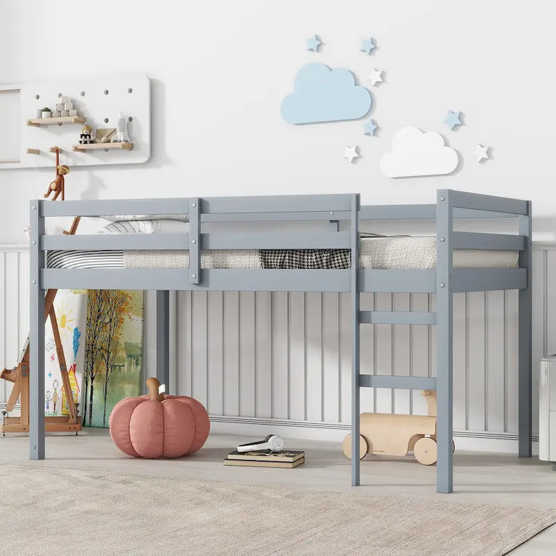 Twin Size Rubber Wooden Loft Bed with Ladder, Bed Platform of Strengthened Slats