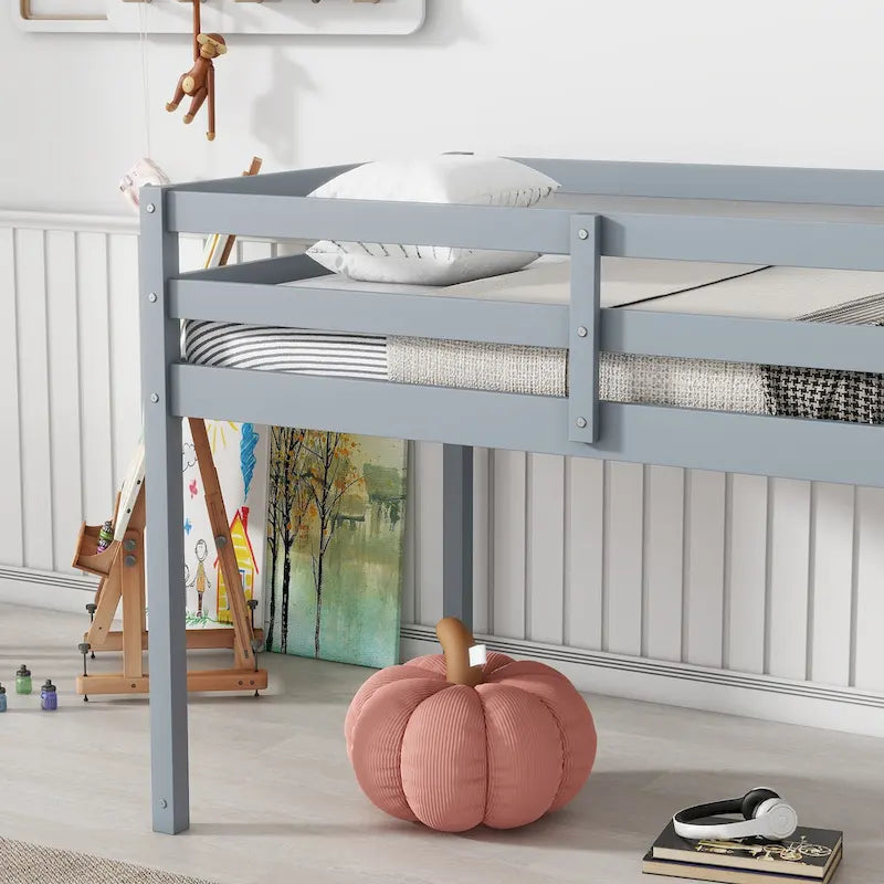 Twin Size Rubber Wooden Loft Bed with Ladder, Bed Platform of Strengthened Slats