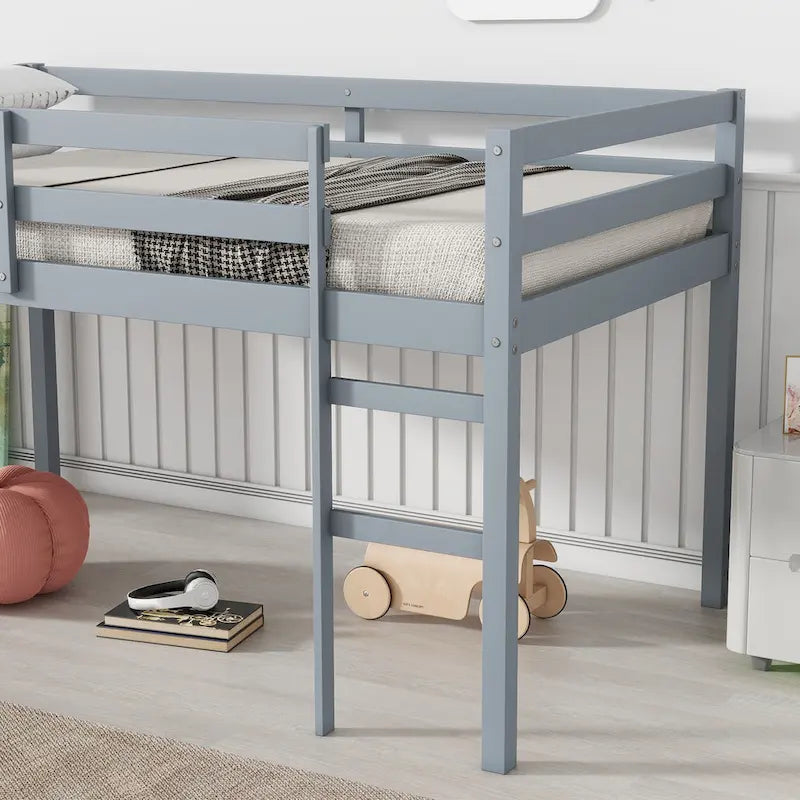 Twin Size Rubber Wooden Loft Bed with Ladder, Bed Platform of Strengthened Slats