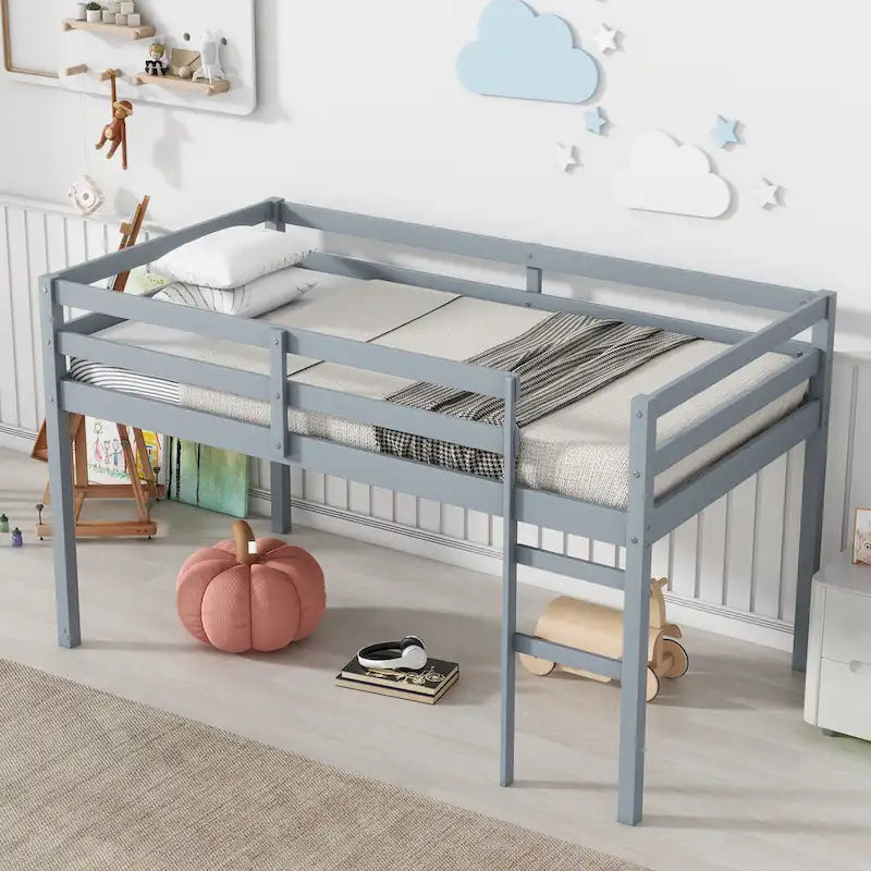 Twin Size Rubber Wooden Loft Bed with Ladder, Bed Platform of Strengthened Slats