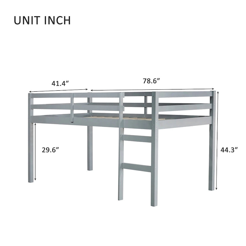 Twin Size Rubber Wooden Loft Bed with Ladder, Bed Platform of Strengthened Slats