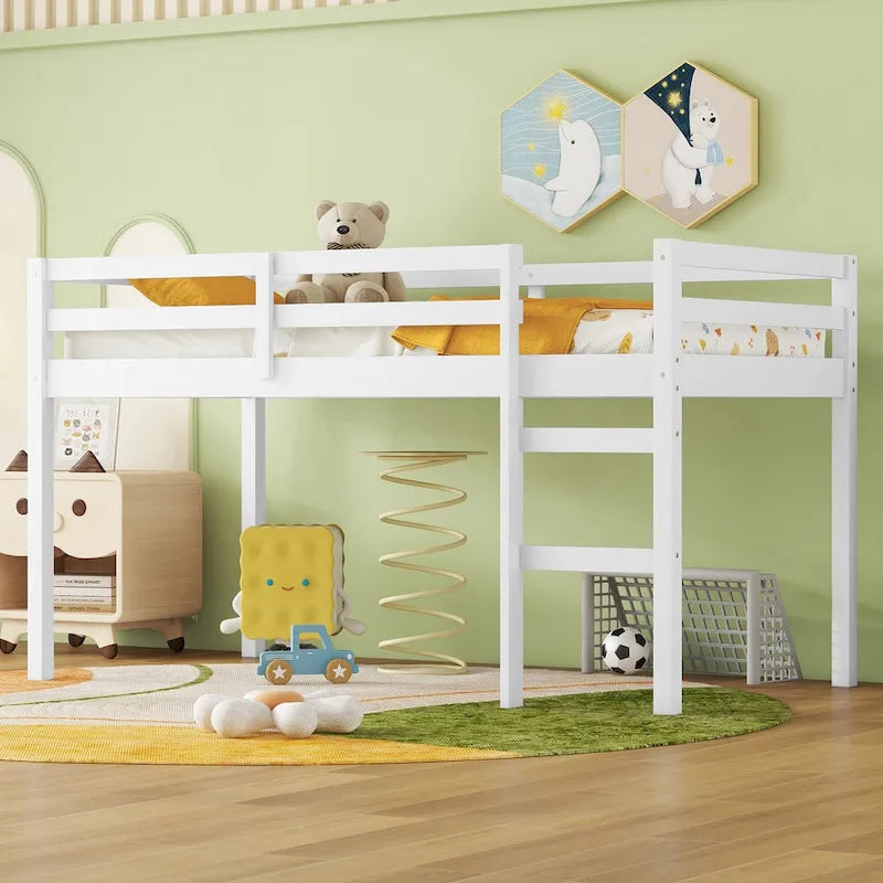 Twin Size Rubber Wooden Loft Bed with Ladder, Bed Platform of Strengthened Slats