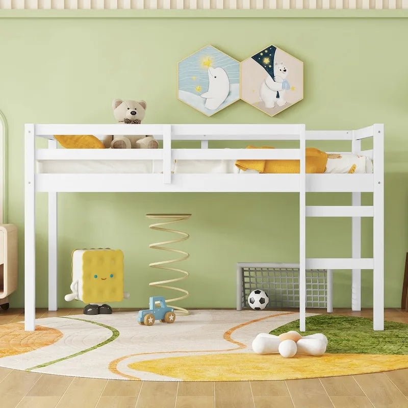 Twin Size Rubber Wooden Loft Bed with Ladder, Bed Platform of Strengthened Slats