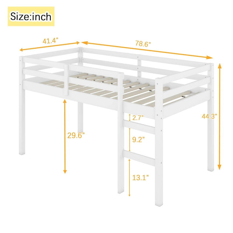 Twin Size Rubber Wooden Loft Bed with Ladder, Bed Platform of Strengthened Slats