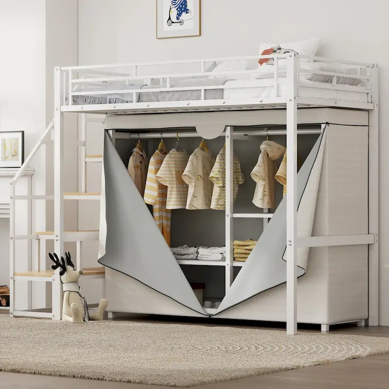Metal Loft Bed with Wardrobe and Storage Shelves for Kids, Boys and Girls, Bedroom