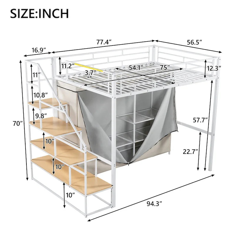 Metal Loft Bed with Wardrobe and Storage Shelves for Kids, Boys and Girls, Bedroom