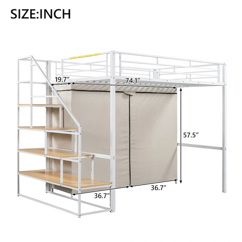 Metal Loft Bed with Wardrobe and Storage Shelves for Kids, Boys and Girls, Bedroom