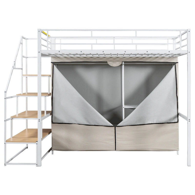 Metal Loft Bed with Wardrobe and Storage Shelves for Kids, Boys and Girls, Bedroom