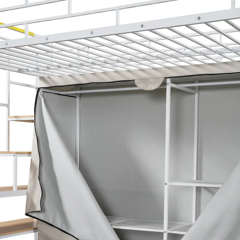 Metal Loft Bed with Wardrobe and Storage Shelves for Kids, Boys and Girls, Bedroom
