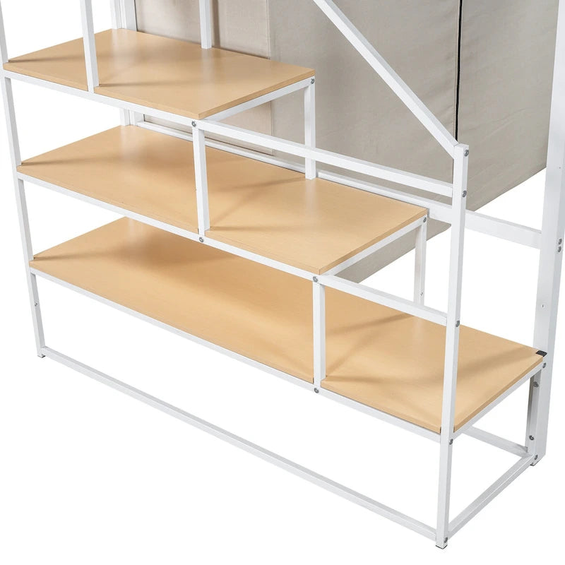 Metal Loft Bed with Wardrobe and Storage Shelves for Kids, Boys and Girls, Bedroom
