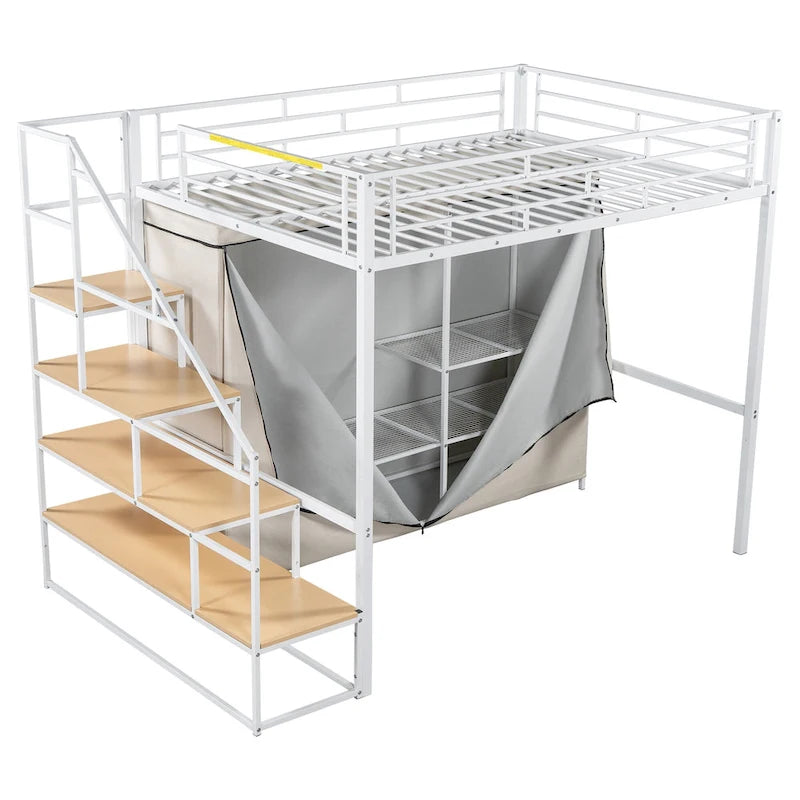 Metal Loft Bed with Wardrobe and Storage Shelves for Kids, Boys and Girls, Bedroom