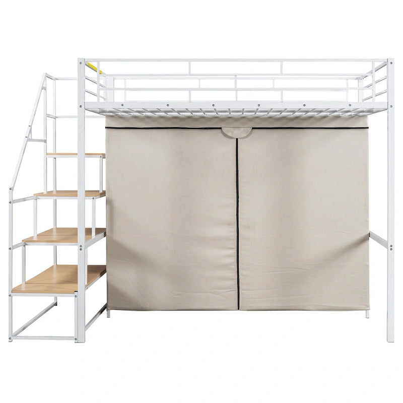 Metal Loft Bed with Wardrobe and Storage Shelves for Kids, Boys and Girls, Bedroom