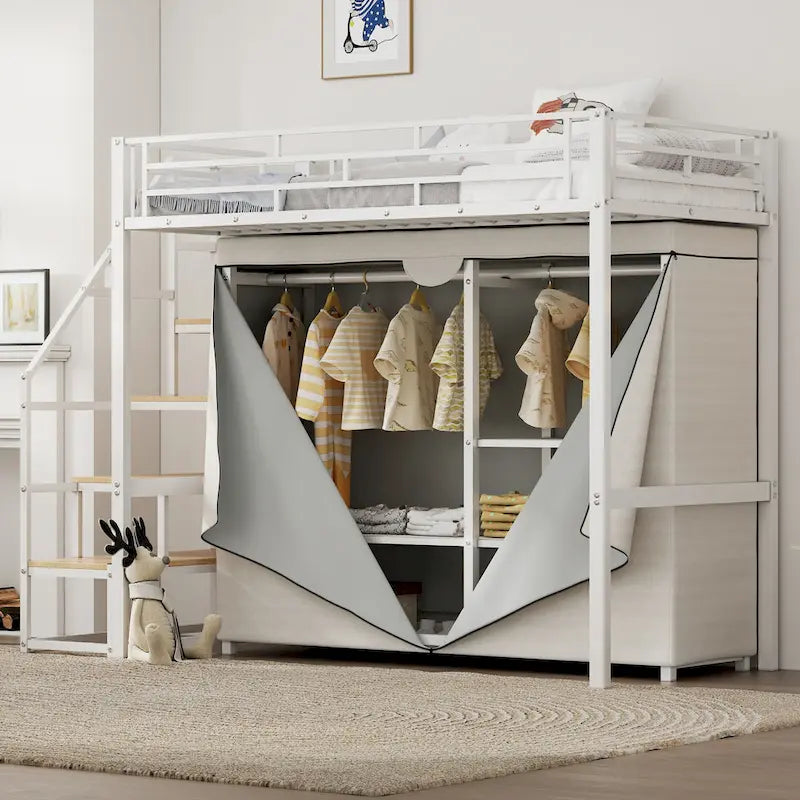 Metal Loft Bed with Wardrobe and Storage Shelves for Kids, Boys and Girls, Bedroom