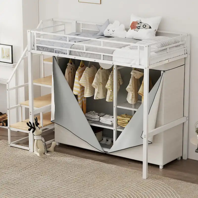 Metal Loft Bed with Wardrobe and Storage Shelves for Kids, Boys and Girls, Bedroom