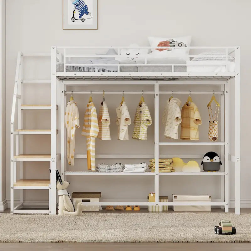 Metal Loft Bed with Wardrobe and Storage Shelves for Kids, Boys and Girls, Bedroom