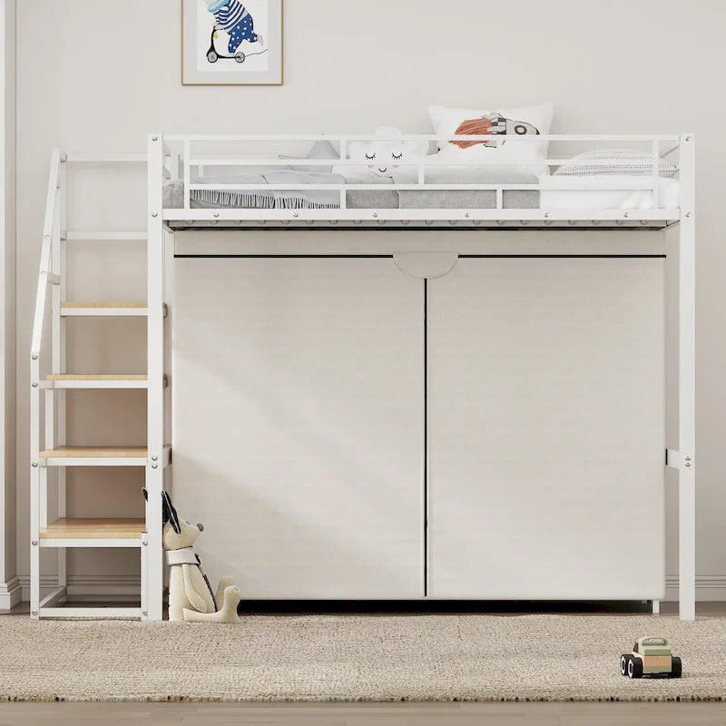 Metal Loft Bed with Wardrobe and Storage Shelves for Kids, Boys and Girls, Bedroom