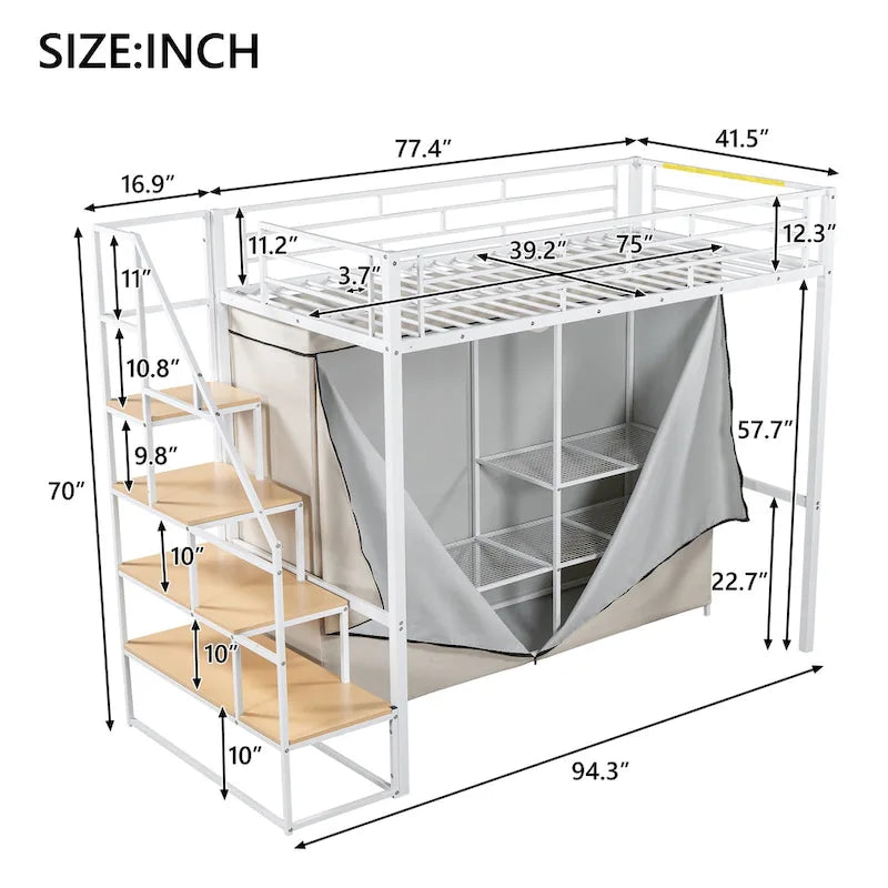 Metal Loft Bed with Wardrobe and Storage Shelves for Kids, Boys and Girls, Bedroom