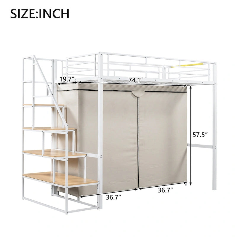 Metal Loft Bed with Wardrobe and Storage Shelves for Kids, Boys and Girls, Bedroom