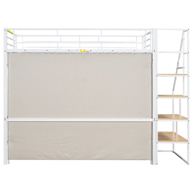 Metal Loft Bed with Wardrobe and Storage Shelves for Kids, Boys and Girls, Bedroom