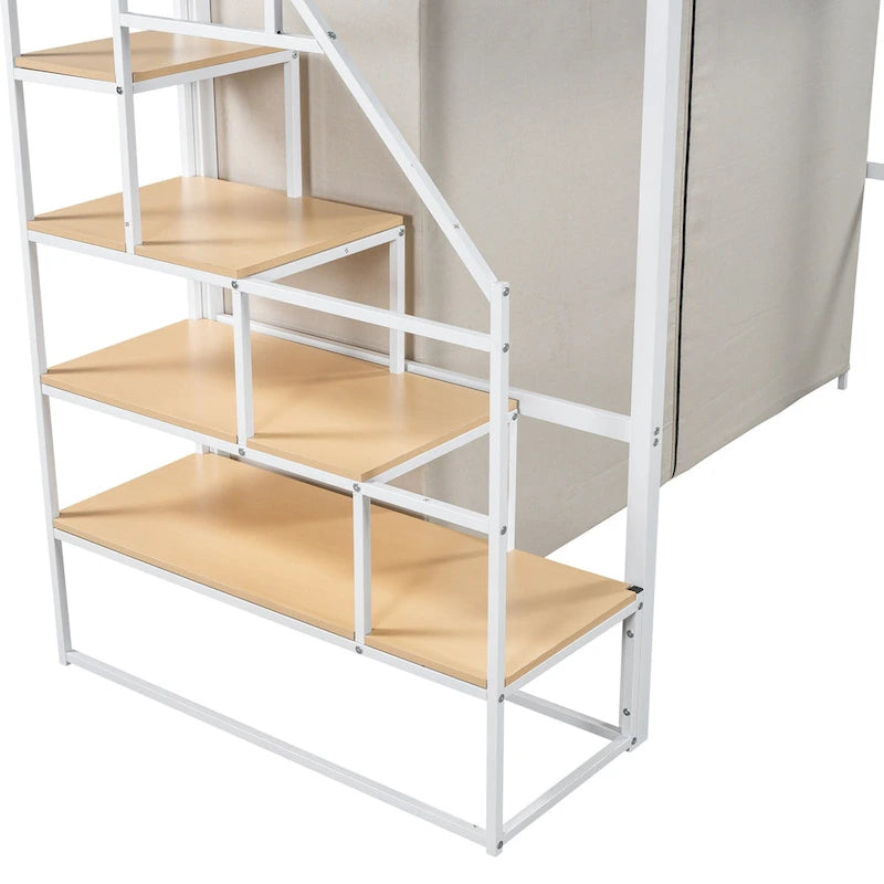 Metal Loft Bed with Wardrobe and Storage Shelves for Kids, Boys and Girls, Bedroom