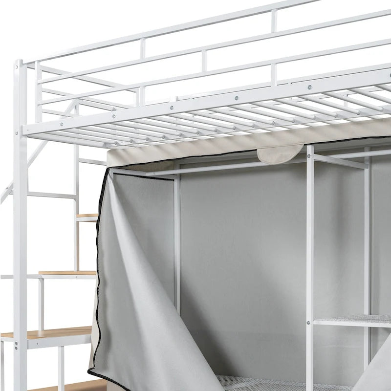 Metal Loft Bed with Wardrobe and Storage Shelves for Kids, Boys and Girls, Bedroom