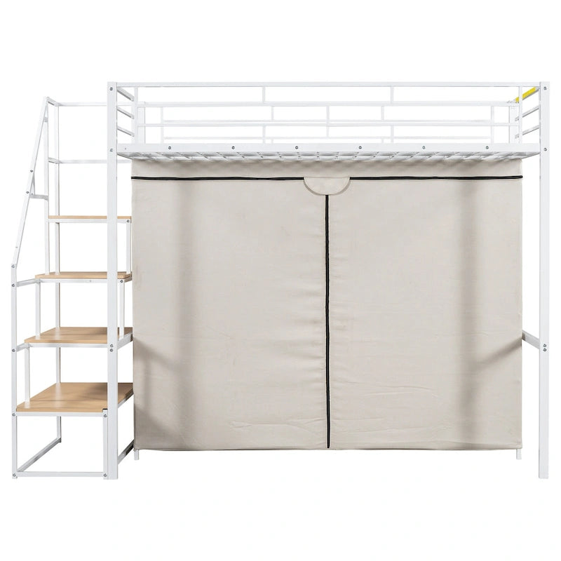 Metal Loft Bed with Wardrobe and Storage Shelves for Kids, Boys and Girls, Bedroom