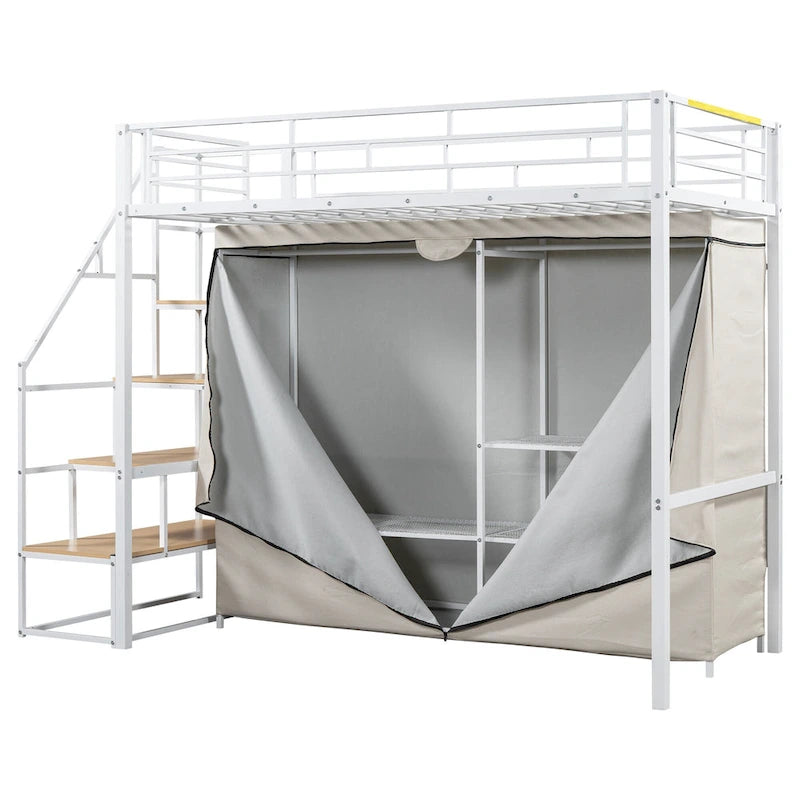 Metal Loft Bed with Wardrobe and Storage Shelves for Kids, Boys and Girls, Bedroom
