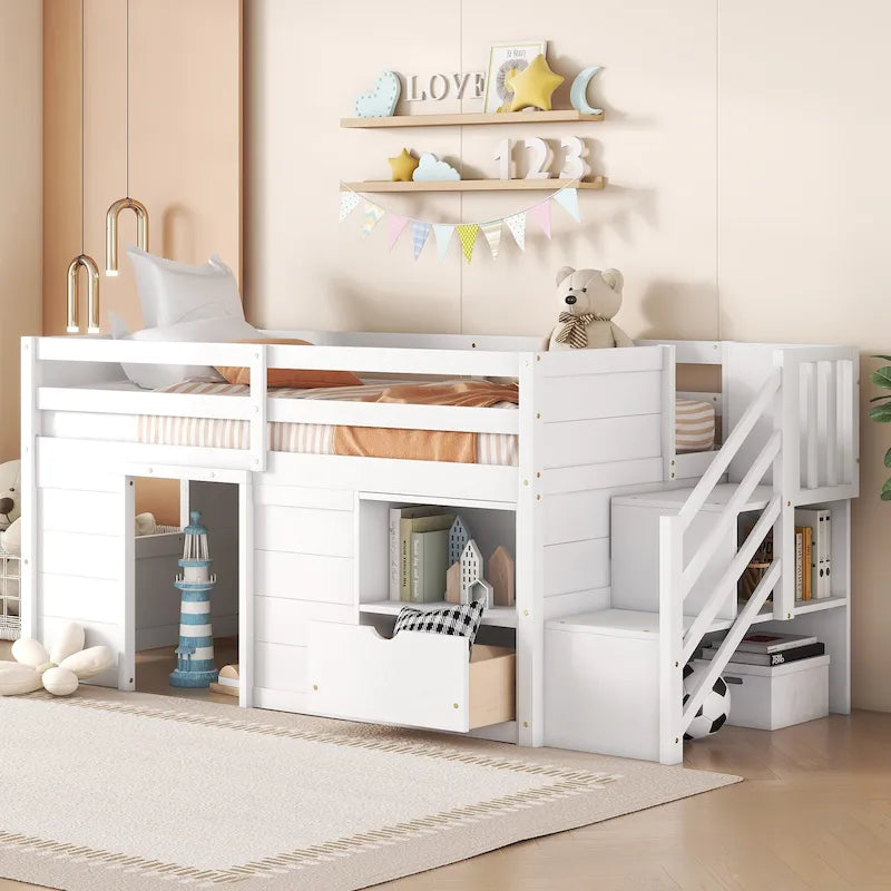 Twin Size Solid Wood Low Loft Bed with Stair, Drawer, and Shelf for Bedroom